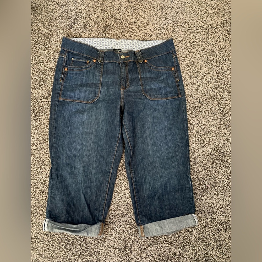 Faded Glory Jeans 14 Capri Length Dark Blue Stretch Denim Cargo Pockets Capris